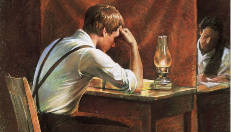 Joseph Smith a Oliver Cowdery překládají Knihu Mormonovu